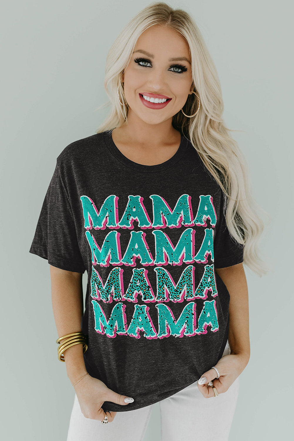 Black MAMA Letter Print Vintage Leopard Graphic T Shirt