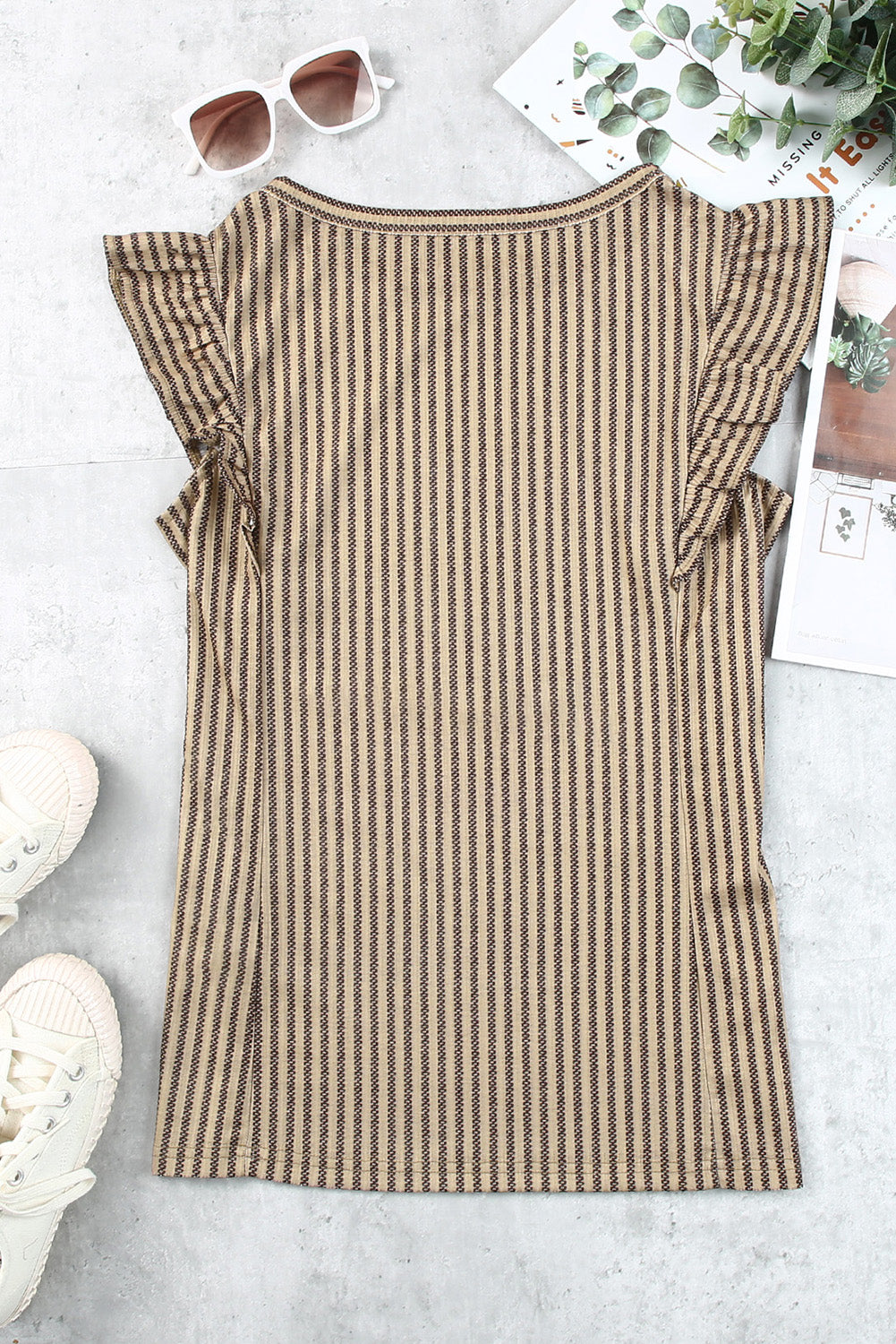 Gray Crew Neck Ruffled Striped Tank Top