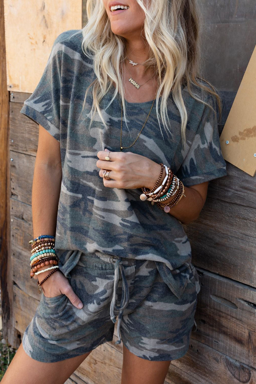 Green Classic Camo Print Slouchy Loungewear Shorts Set