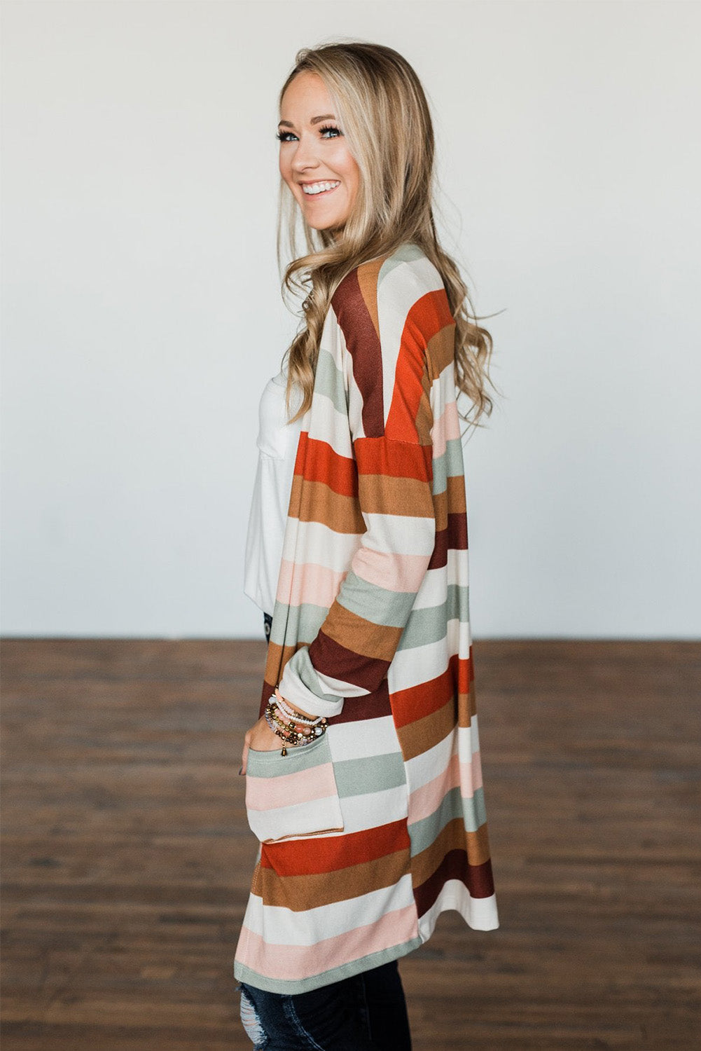 Multicolor Striped Print Pockets Open Front Cardigan