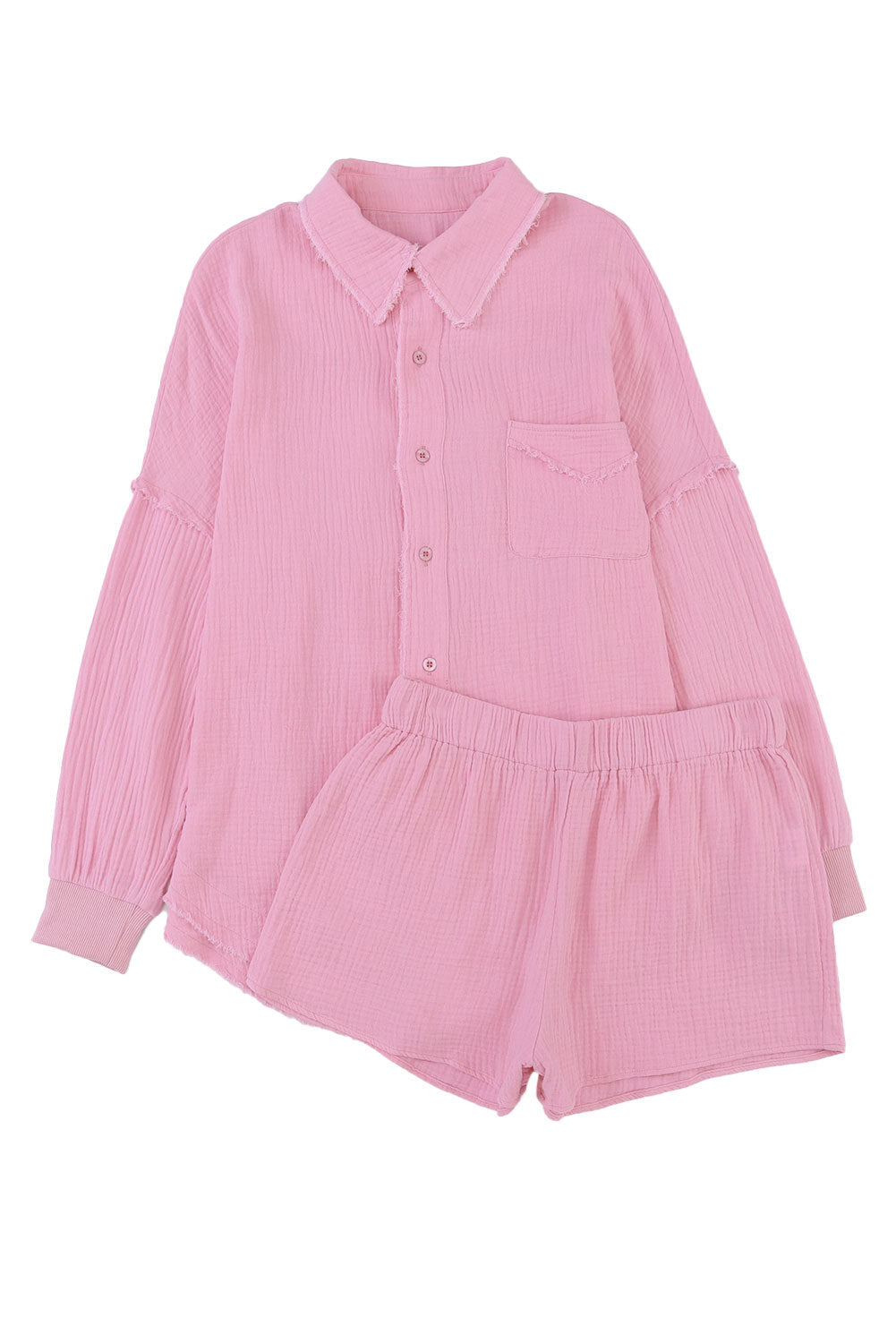 Pink Crinkle Frayed Long Sleeve Shirt and Casual Shorts Set