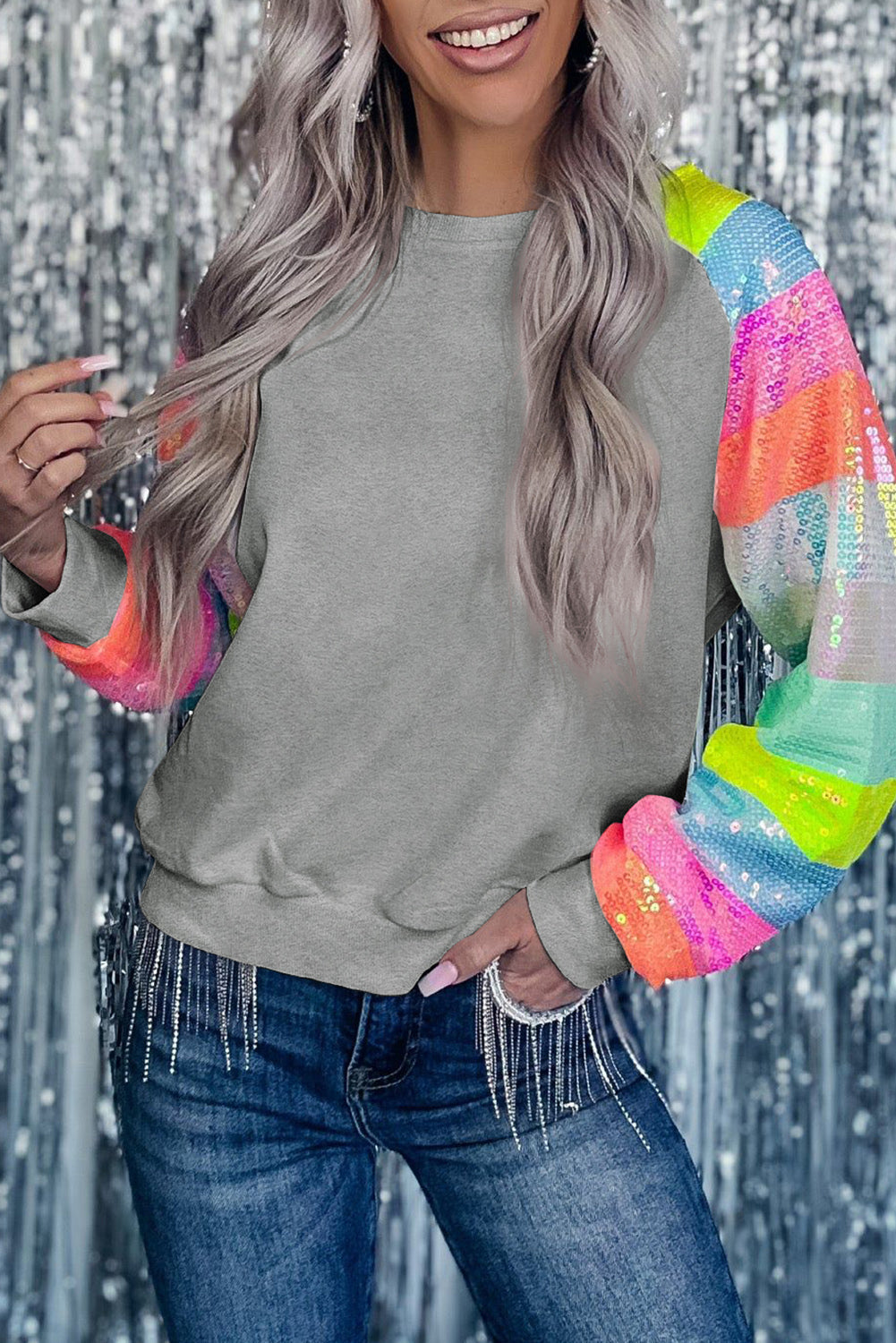 White Sequin Color Block Raglan Sleeve Pullover Sweatshirt