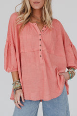 Pink Waffled Bracelet Sleeve Oversized Henley Top