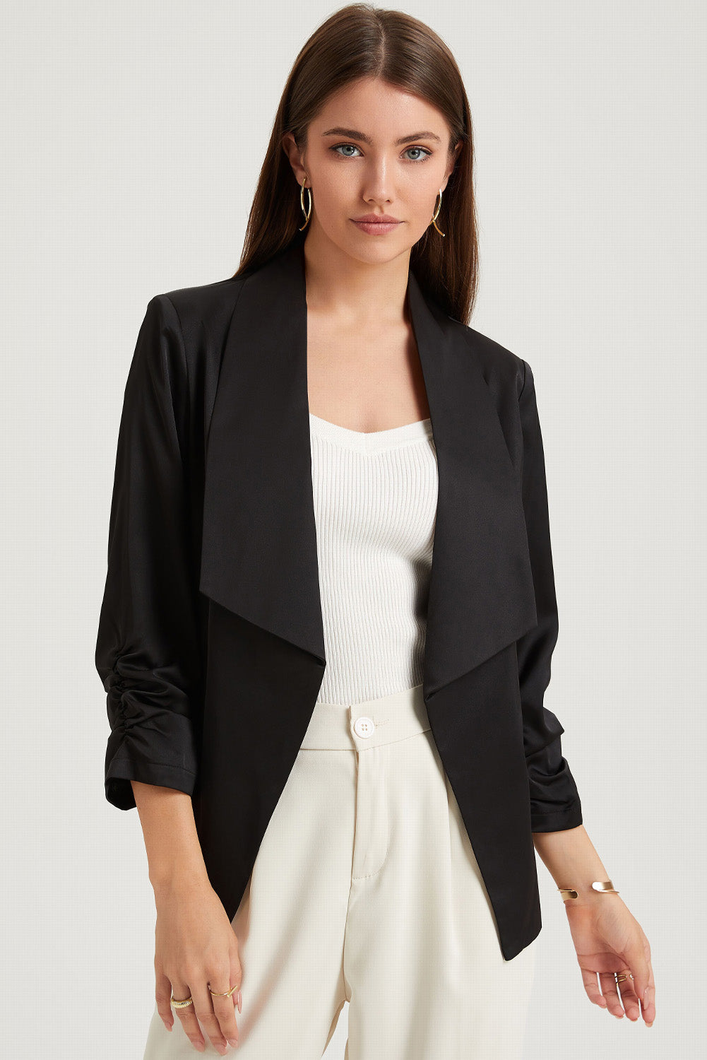 Apricot Solid Lapel Collar Satin Blazer