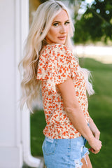 Orange Floral Tiered Flutter Sleeve Blouse