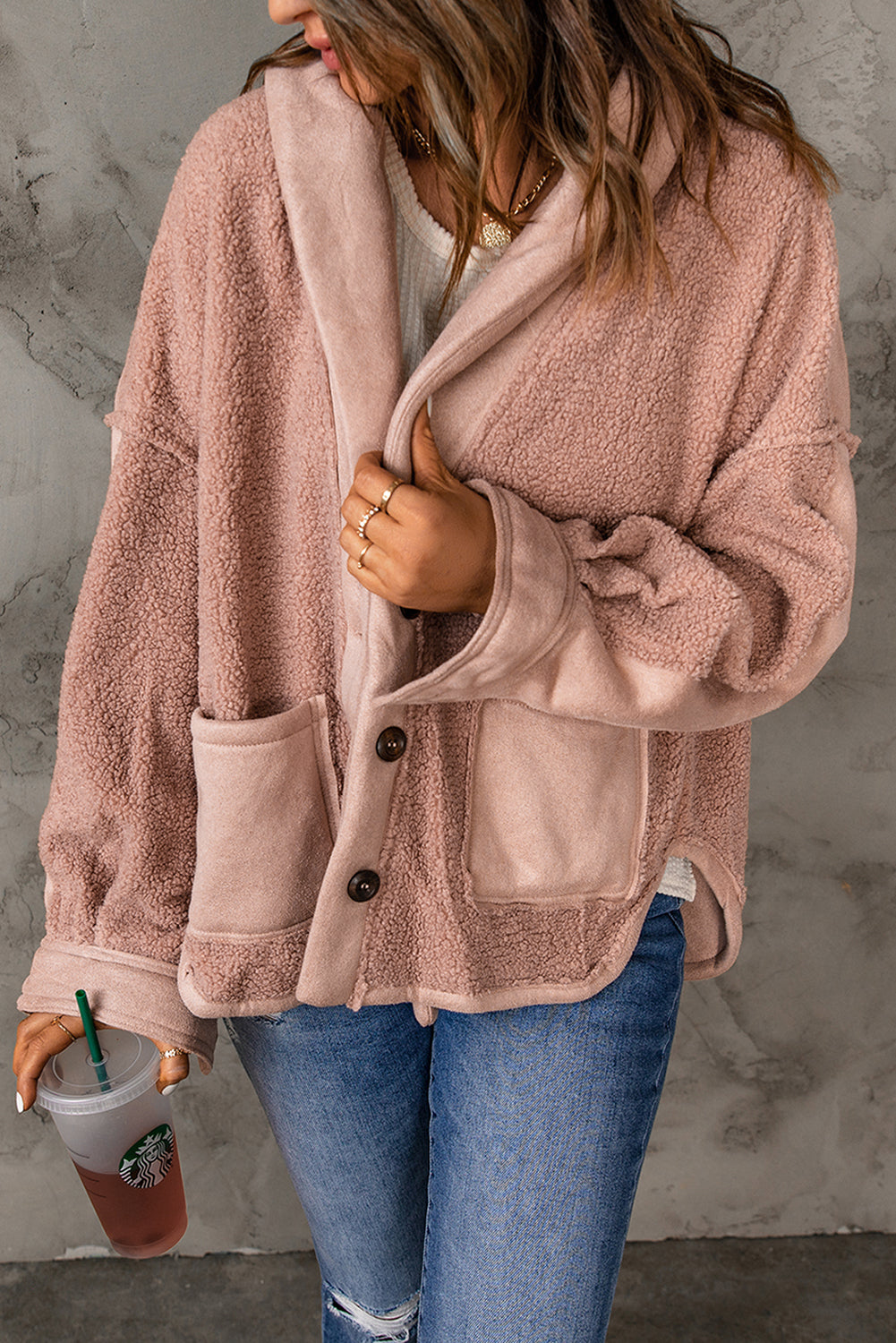 Pink Suede Sherpa Patchwork Buttoned Loose Jacket