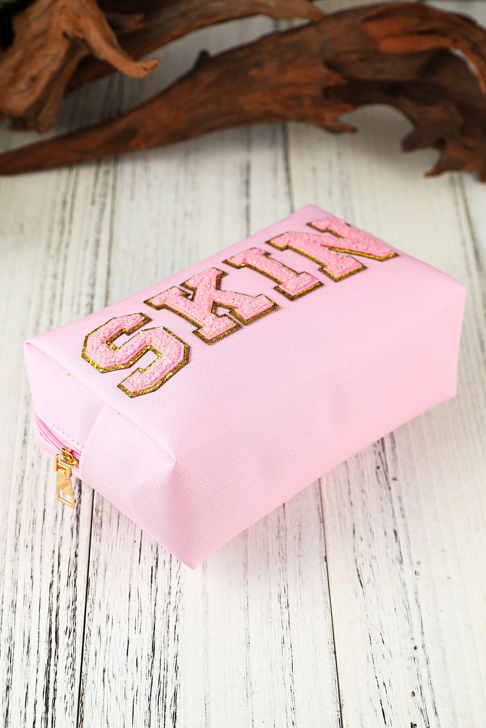 Pink SKIN Embroidered Patch Zipped Cosmetic Bag 19*7*12cm