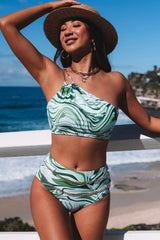 Green Abstract Print Chain Decor One Shoulder Bikini Set