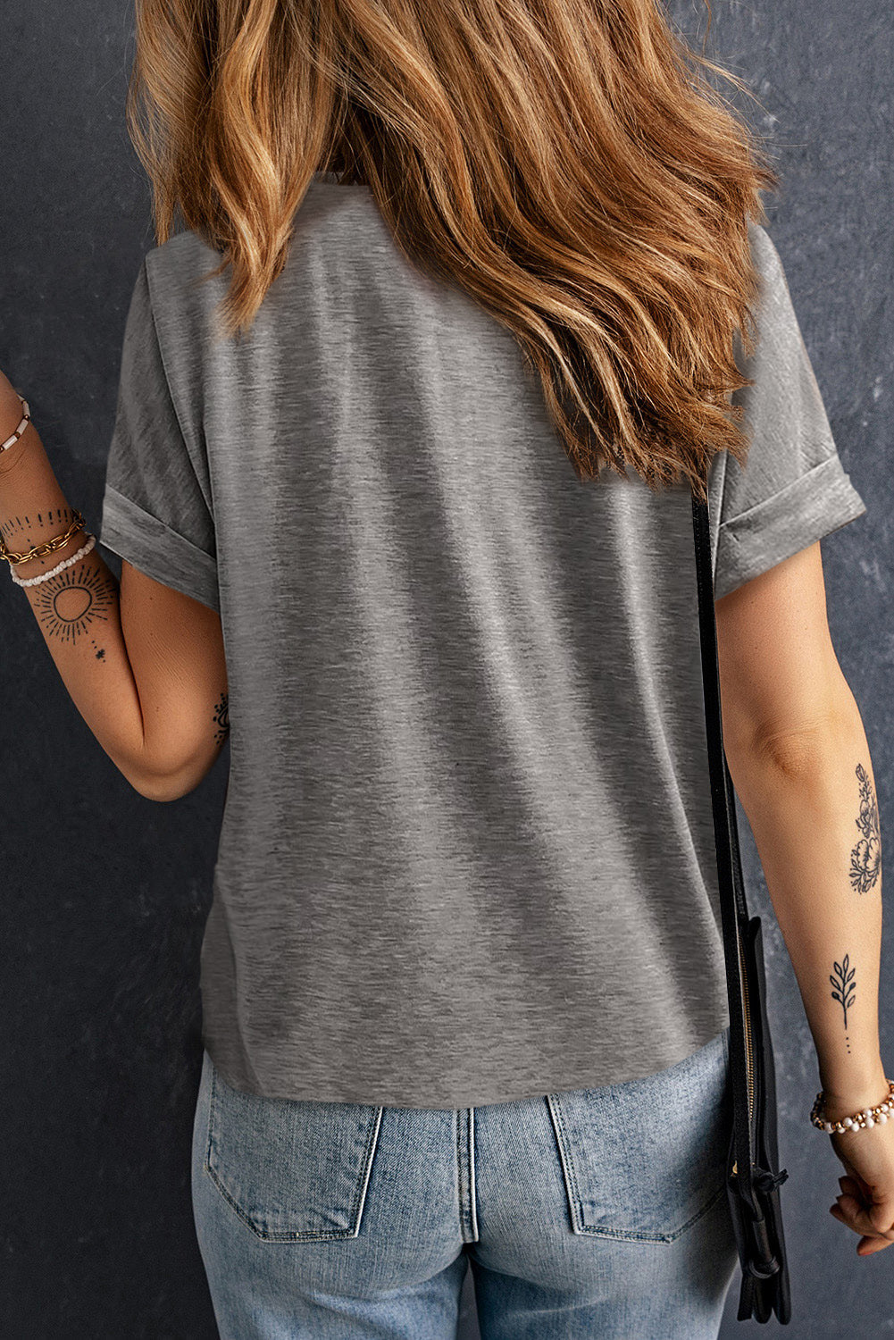 Khaki Button V Neck Rolled Sleeve T Shirt