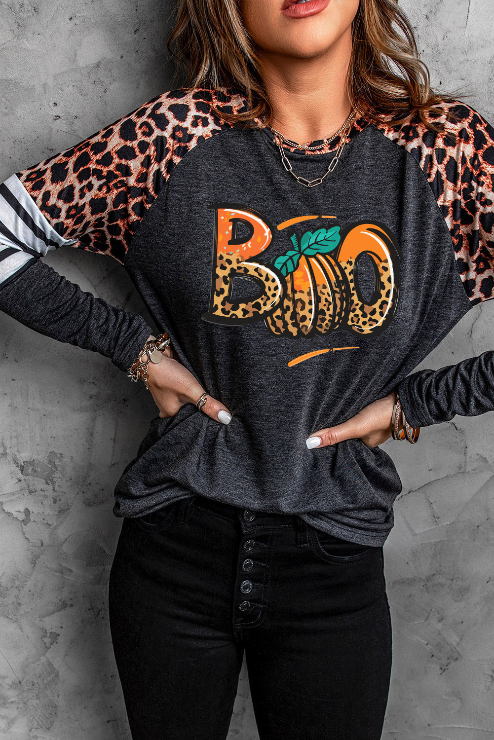 Black BOO Pumpkin Leopard Striped Long Sleeve T Shirt