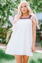 Beige Frill Embroidered Square Neck Shift Dress