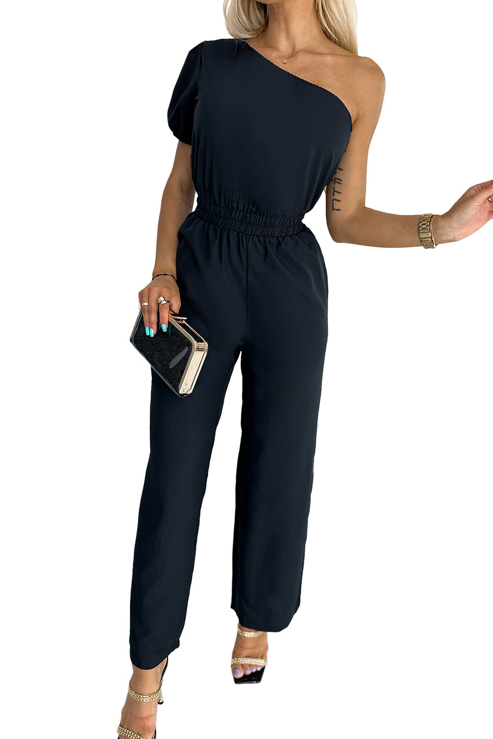 Black One Shoulder Puff Sleeve Elastic High Waist Jumpsuit