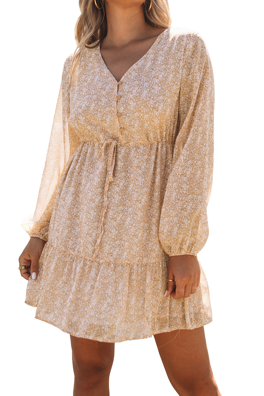 Brown Buttons Front Bubble Sleeve Shirt Floral Dress