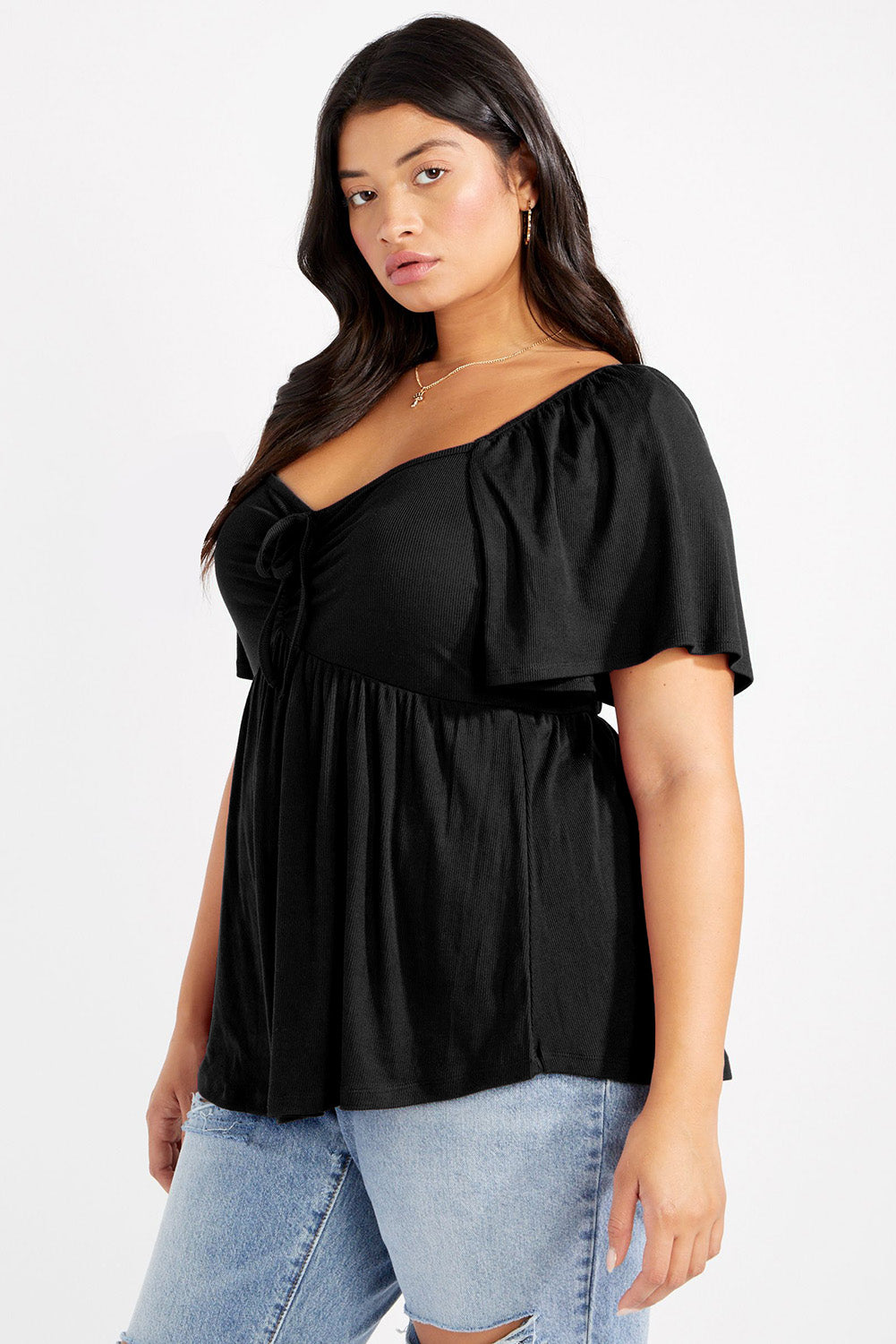 Black Plus Size Ruched Front Babydoll Top