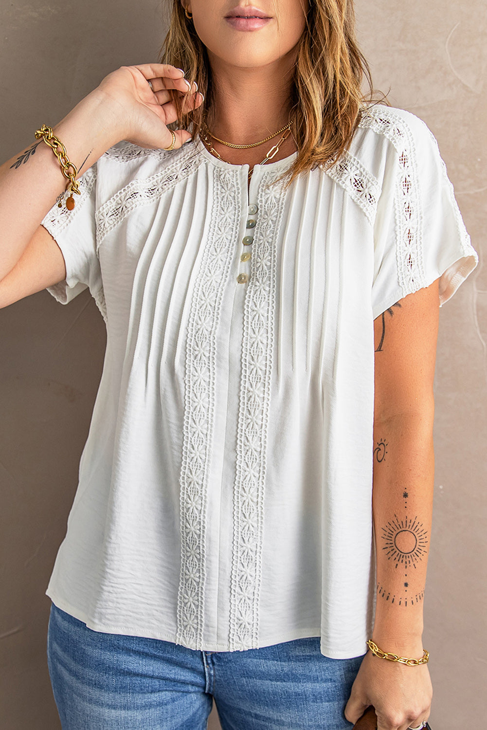 White Crochet Eyelet Short Sleeves Top