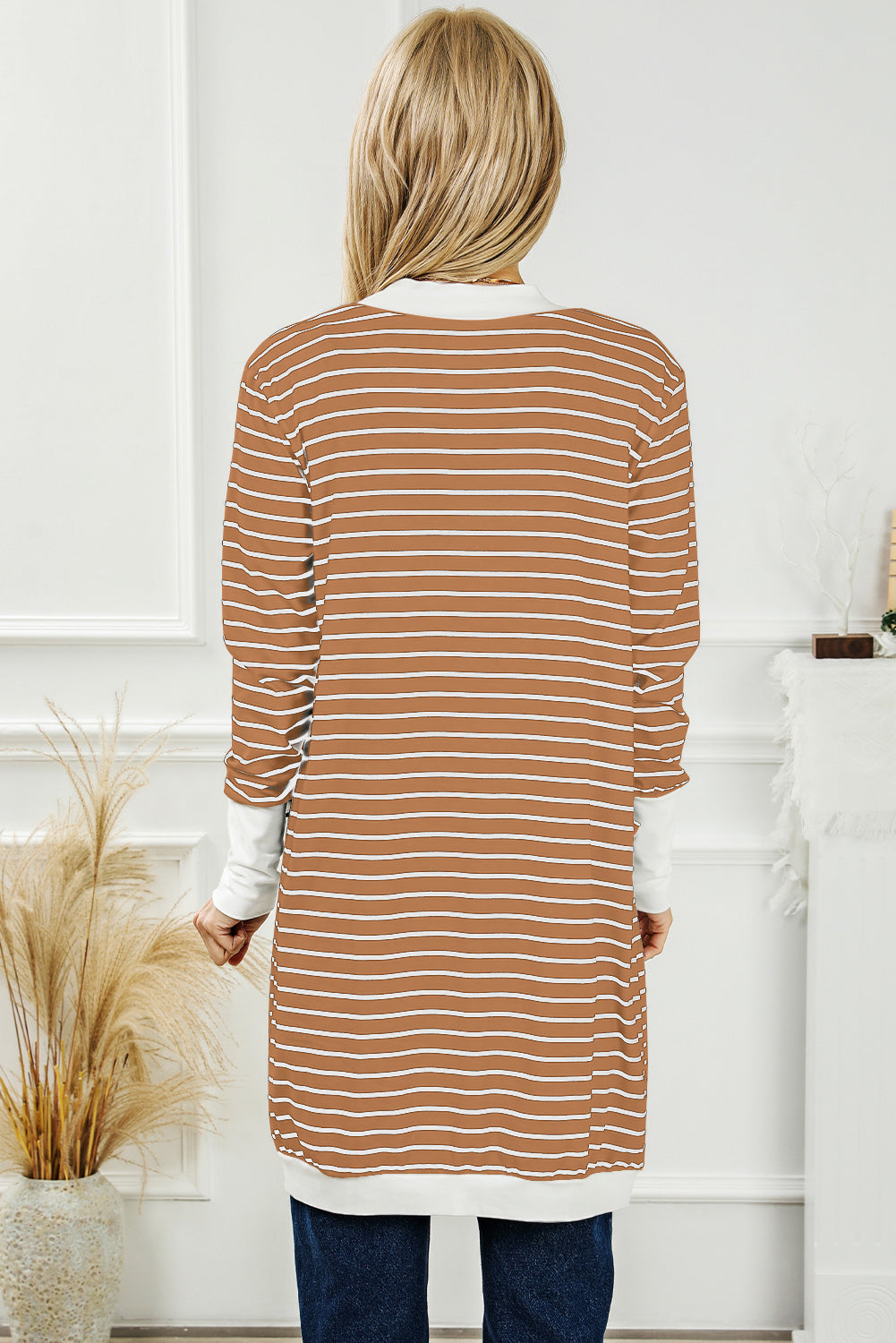 White Striped Side Pockets Open Front Cardigan