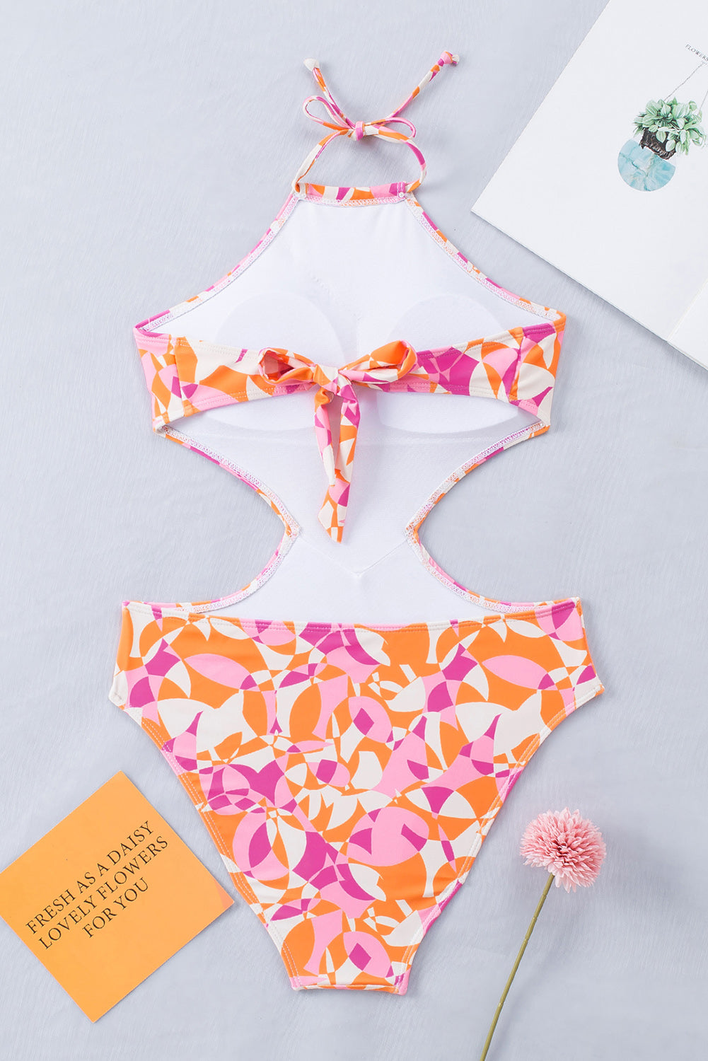 Pink Abstract Print Halter Hollow-Out Back Tie One-Piece Swimsuit