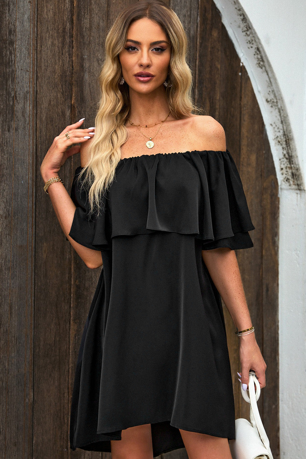 Black Off The Shoulder Ruffle Casual Shift Dress