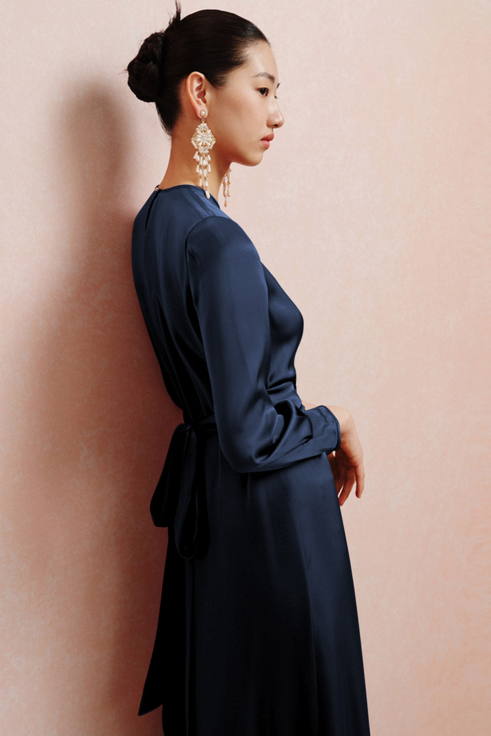 Blue Twist Front Tie Back Long Sleeve Satin Dress