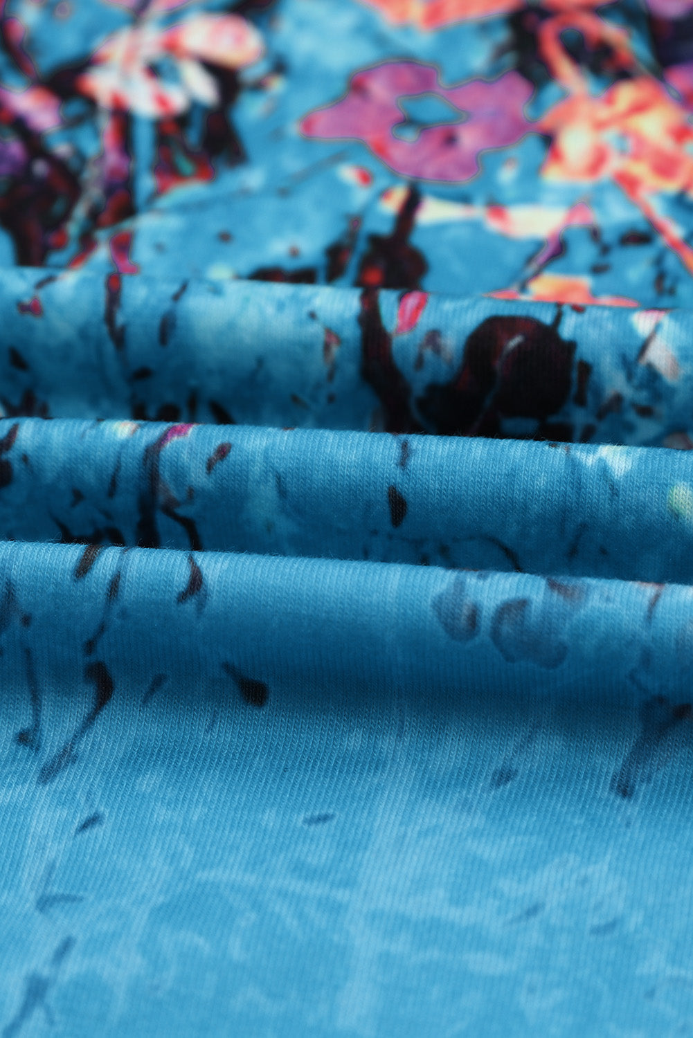 Blue Floral Print V Neck Long Sleeve Top