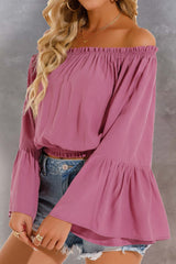 Pink Frilled Off-Shoulder Bell Sleeve Blouse