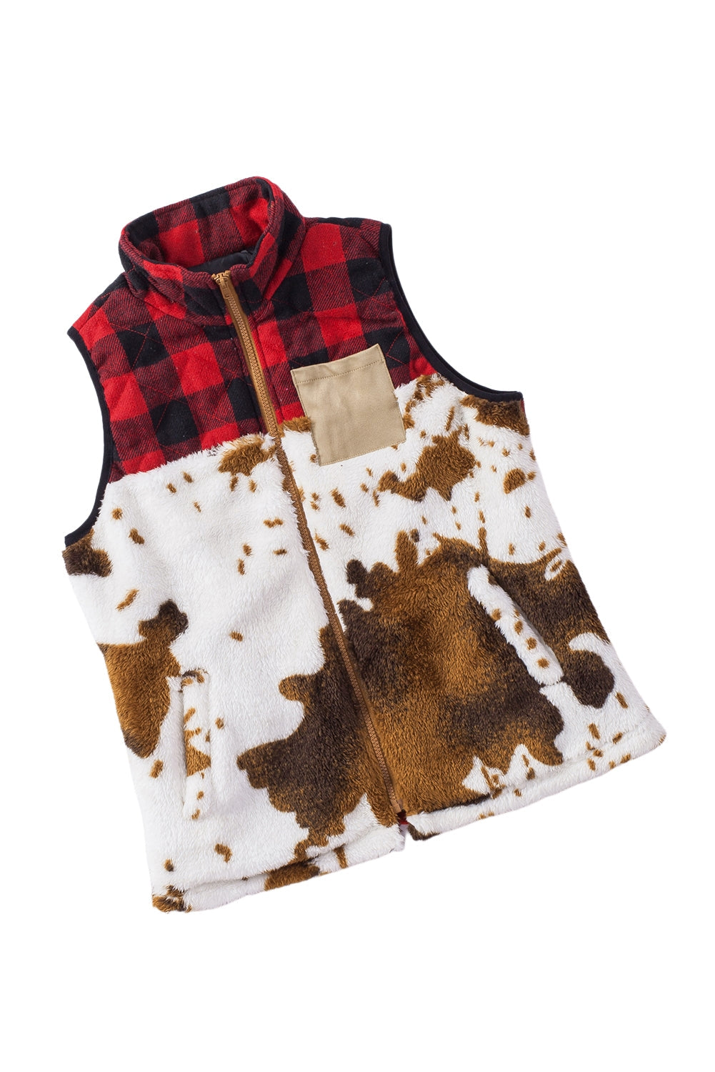 Brown Cow Print Buffalo Plaid Pocket Vest Coat