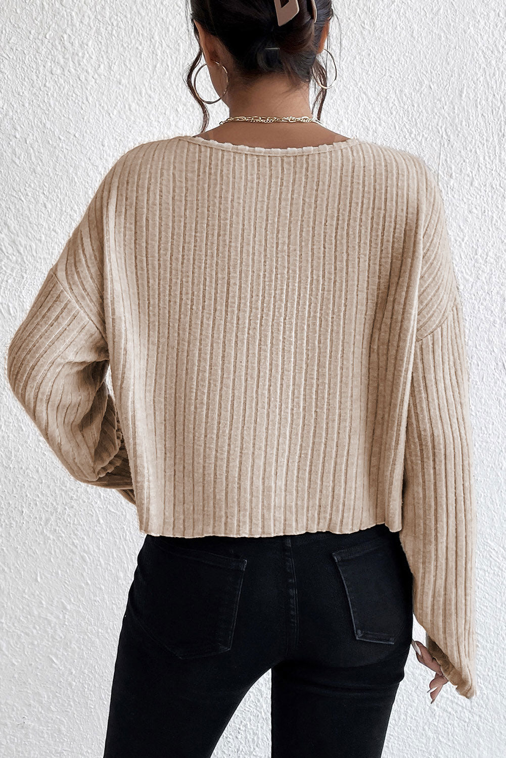 Black Lettuce Cuffs Drop Shoulder Loose Ribbed Knit Top