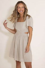 Beige Fake Two-Piece Cutout Ruffle Flowy Dress