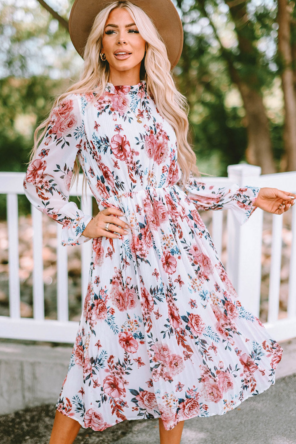 Beige Floral Print Puffy Sleeve Ruffled Midi Dress