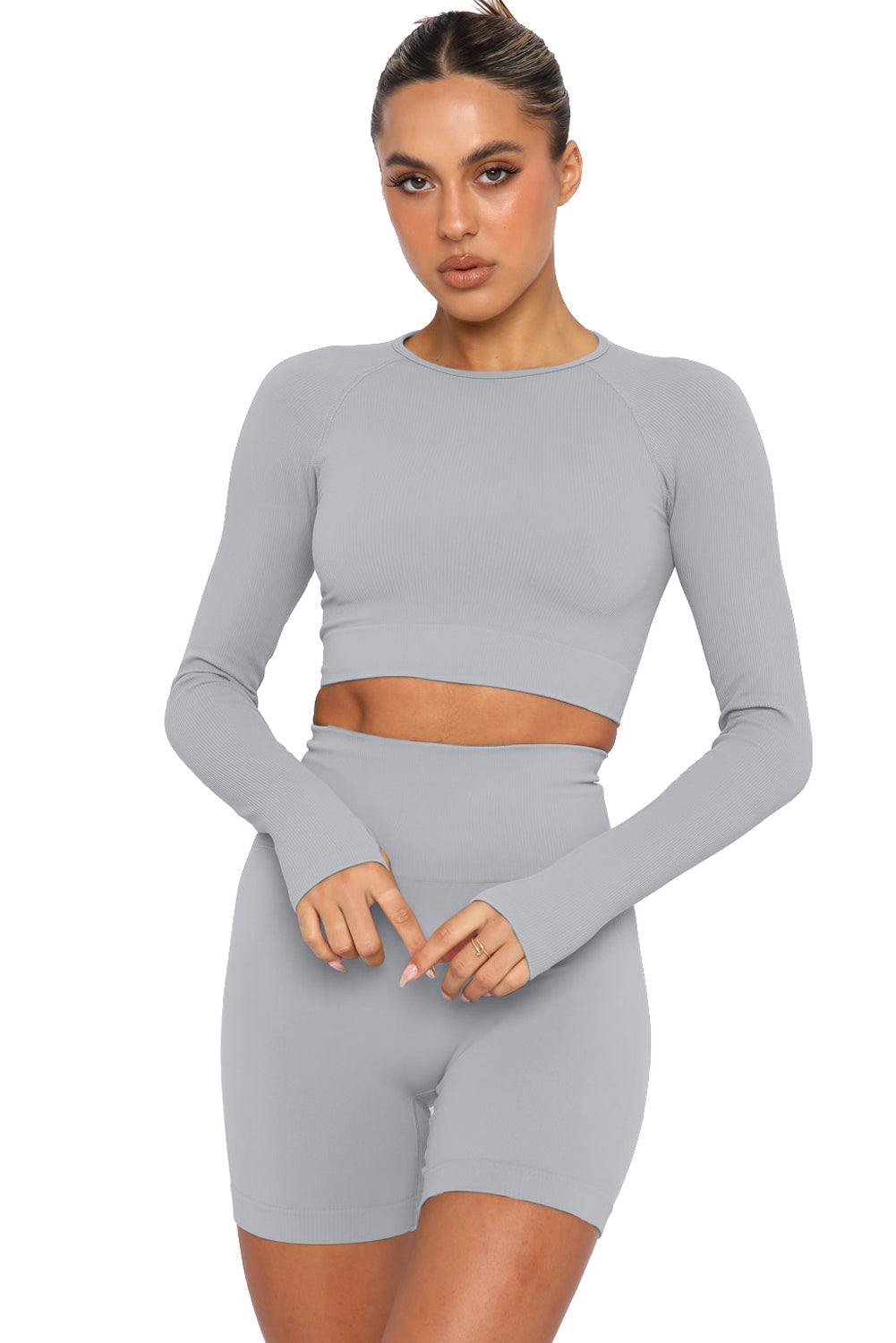 Gray Long Sleeve Seamless Crop Smoke