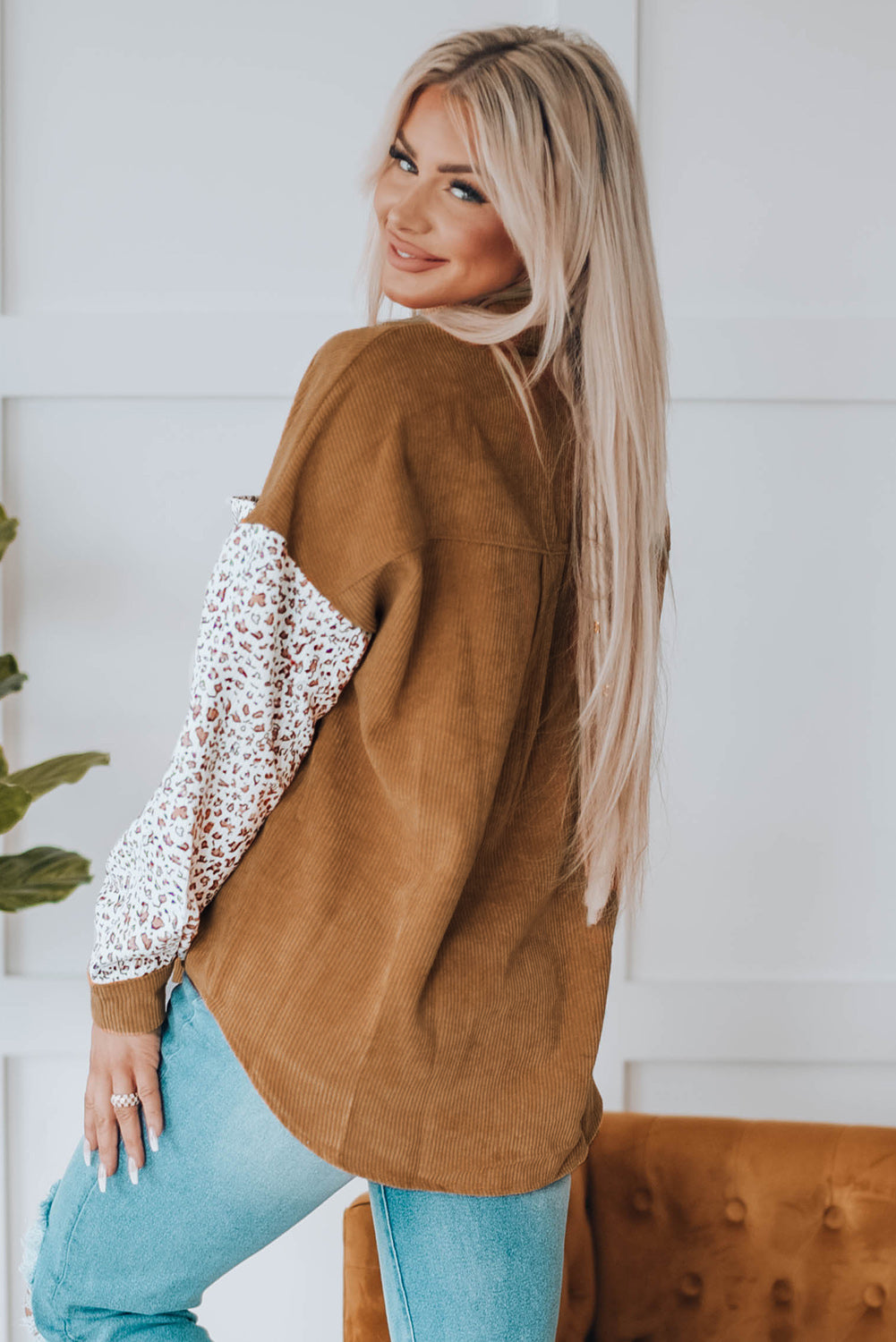 Gray Leopard Patchwork Corduroy Buttoned Shirt Jacket