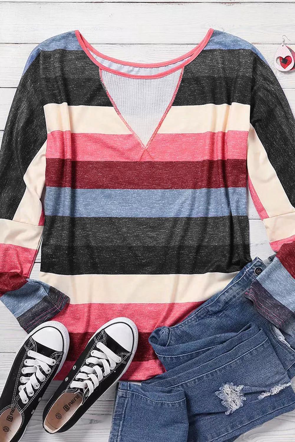 Multicolor Striped Mesh Splicing Round Neck Long Sleeve Top