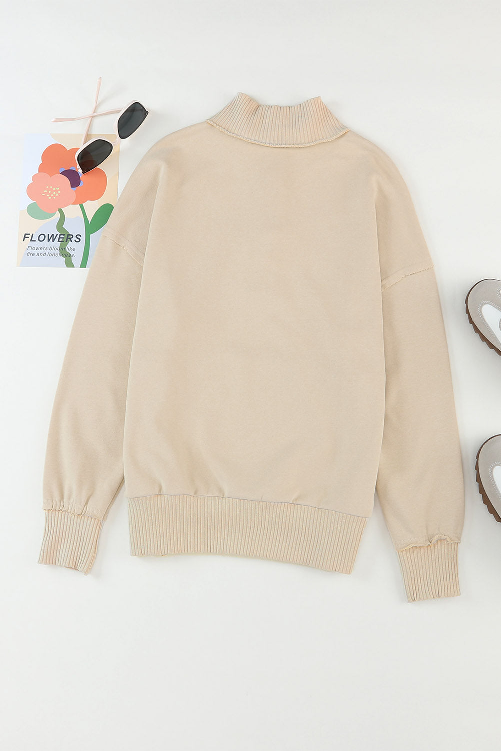 Khaki Ribbed Hem Snap Button Neckline Sweatshirt with Pocket