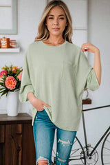 Ribbed Roll-Tab Sleeve Chest Pocket Oversize Top