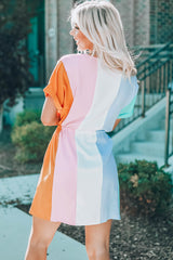 Color Block Tie Waist Rolled Short Sleeve Mini Dress with Pocket