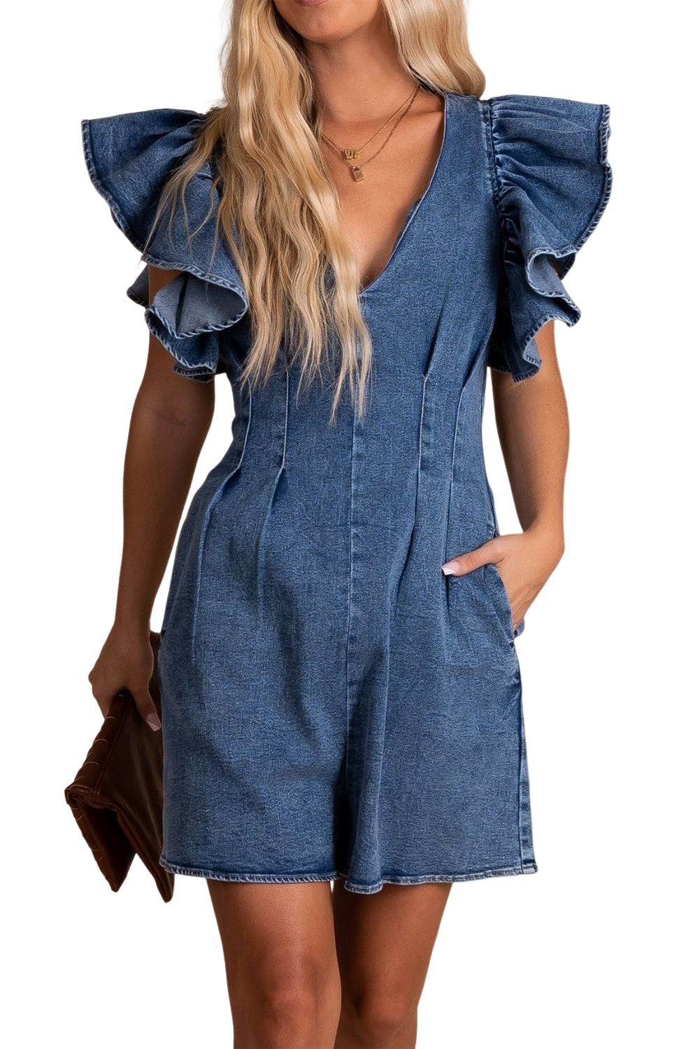 Blue Ruffle Pleated Denim Romper with Pockets