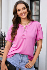 Rose Raw Edge Button Henley Top