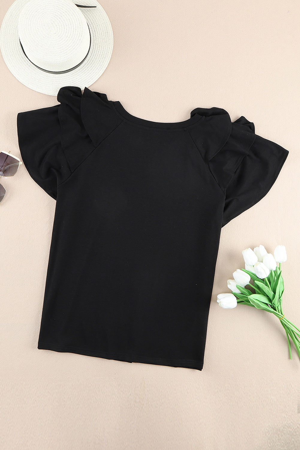 Black Plain Tiered Ruffled Short Sleeve T Shirt