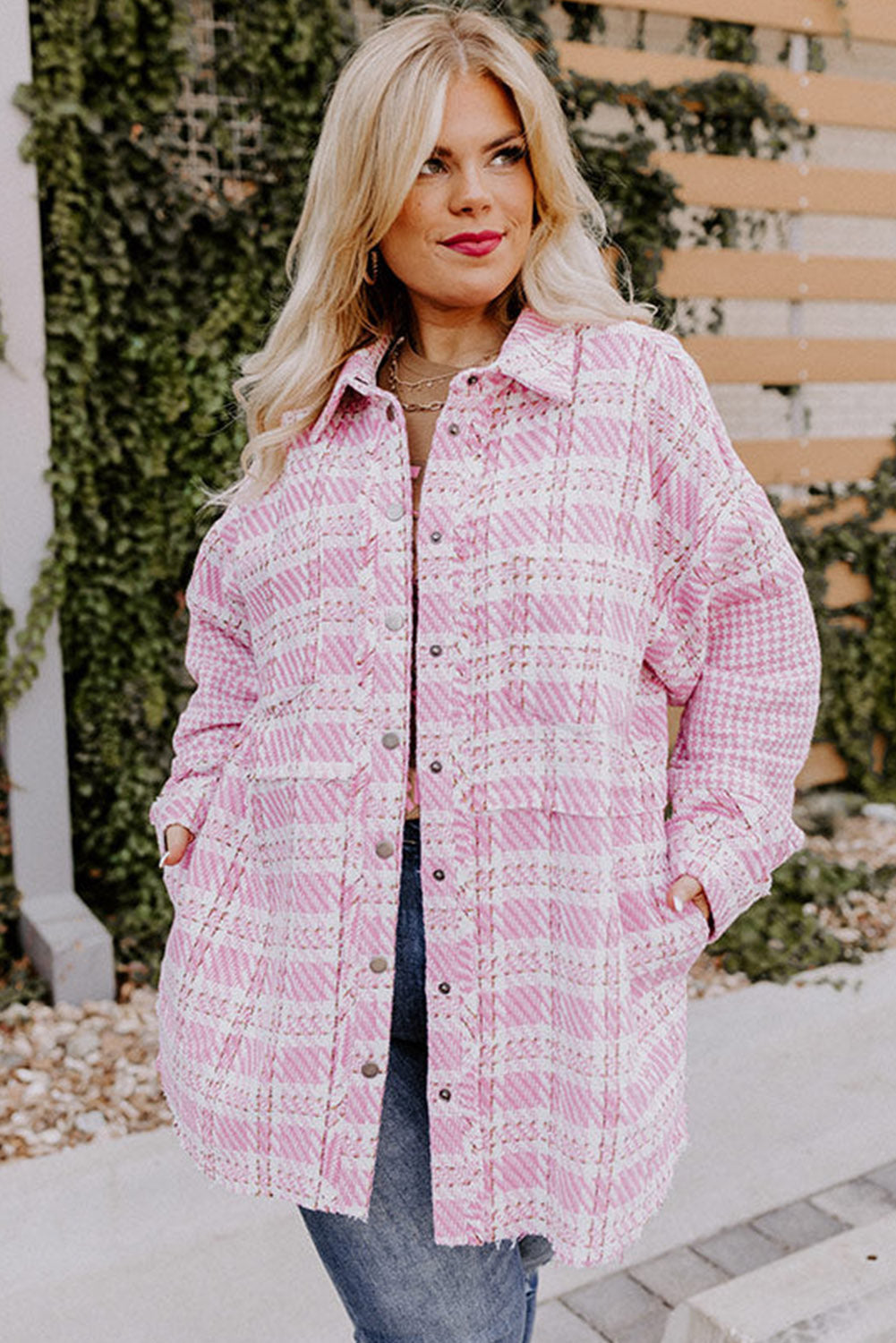 Pink Plus Size Tweed Plaid Houndstooth Print Jacket