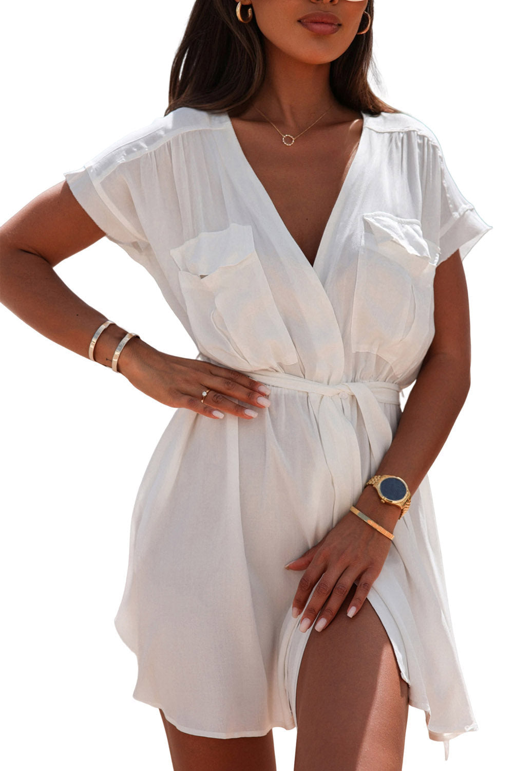 White Flap Chest Pockets Open Front Beach Cover-up with Belt