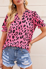 Pink Leopard Notch Neck Bubble Sleeve Blouse