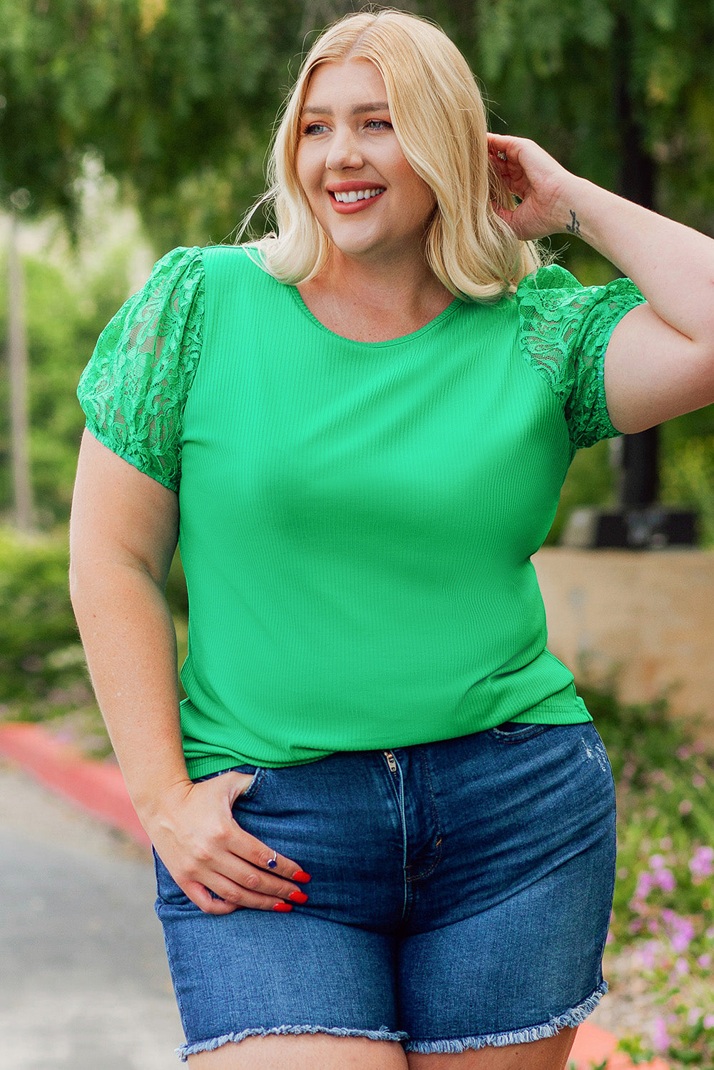 Green Ribbed Lace Patchwork Puff Sleeve Plus Size Blouse