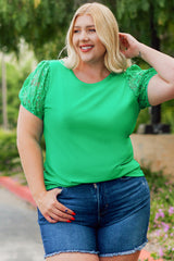 Green Ribbed Lace Patchwork Puff Sleeve Plus Size Blouse