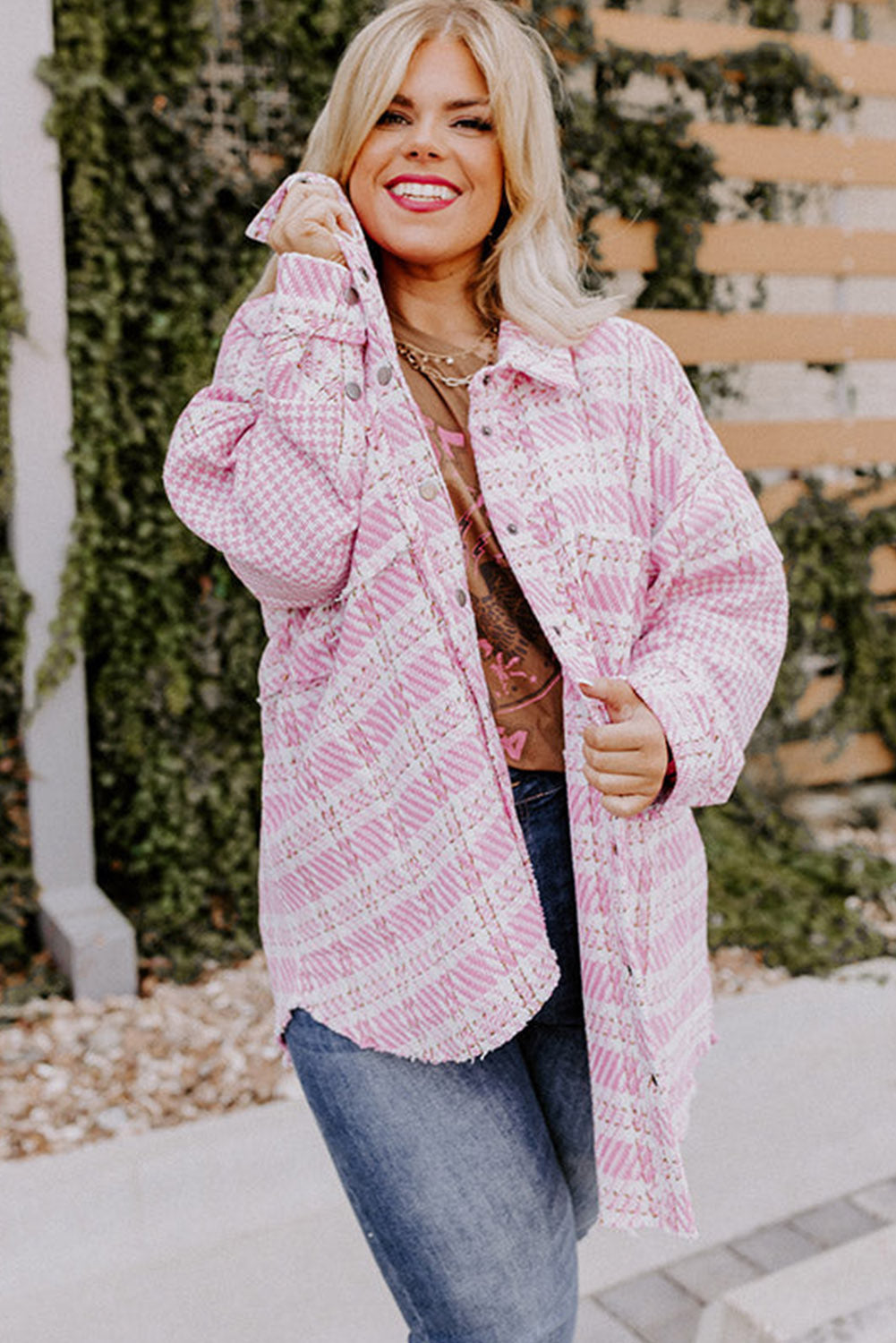 Pink Plus Size Tweed Plaid Houndstooth Print Jacket