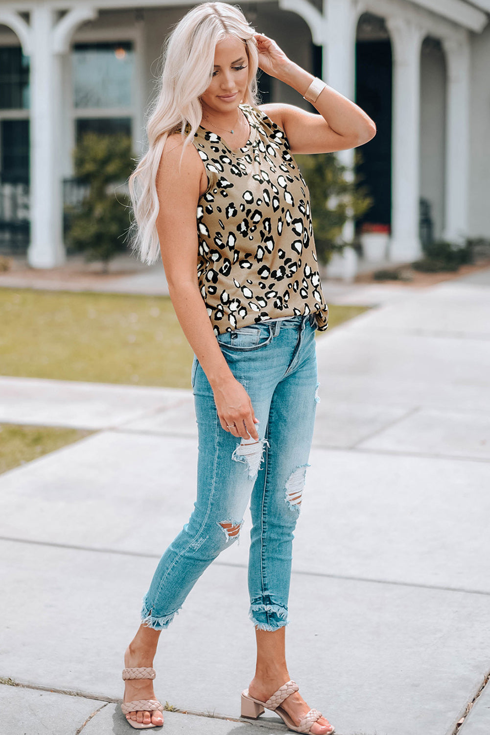 Blue Leopard Print Crew Neck Tank Top