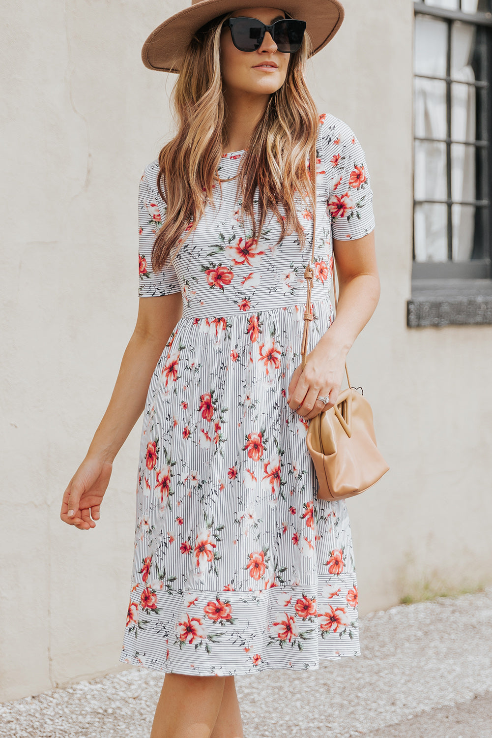 Striped Flower Short Sleeve Flowy Midi Dress