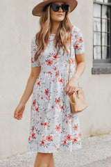 Striped Flower Short Sleeve Flowy Midi Dress