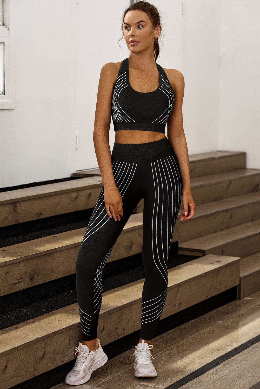 Black Striped Racerback Tank Top and High Waist Pants Active Set