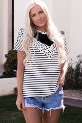 White Chevron Colorblock Lace Leopard Striped Print Short Sleeve Top