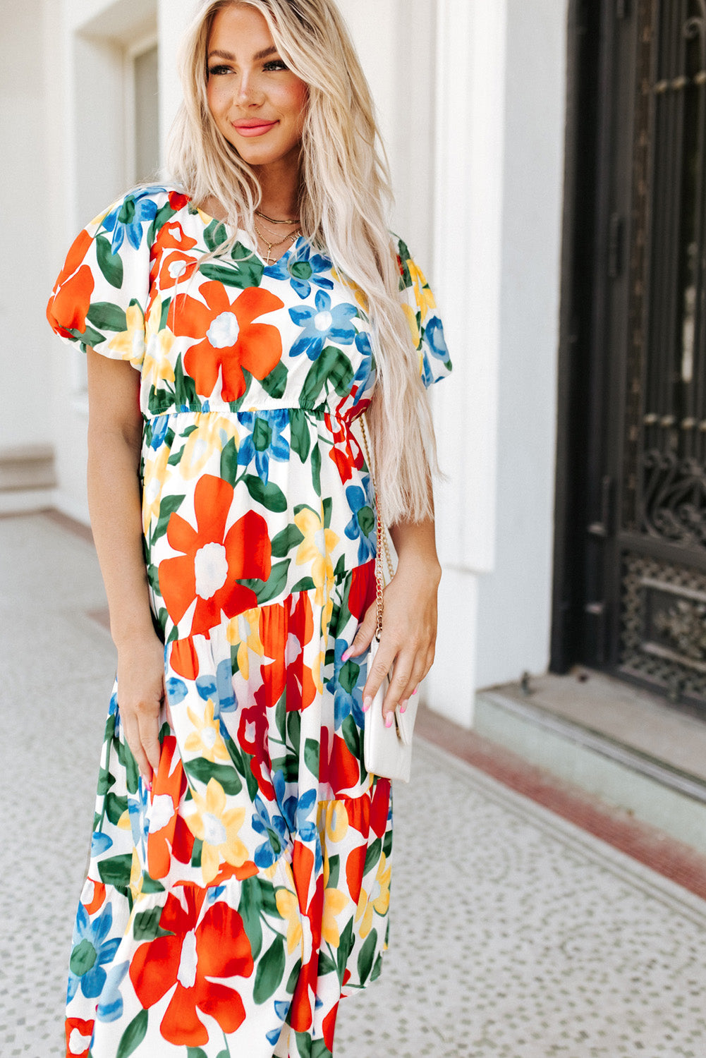 Multicolor Flutter Sleeve V Neck High Waist Floral Midi Dress